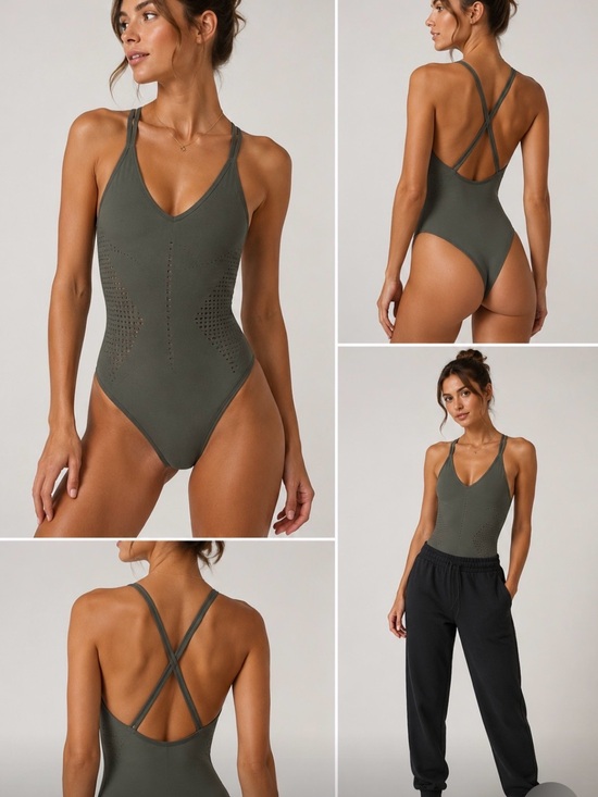 ALO Yoga Tops - ALO Yoga Olive Green Perforated Bodysuit with Cross-Back Straps